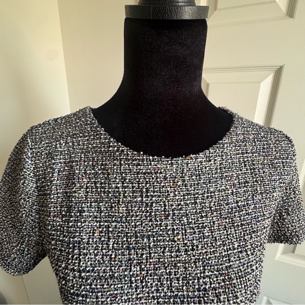 LOFT Tweed Shift Dress Short Sleeve Ruffle Hem Black White Multicolor XS
